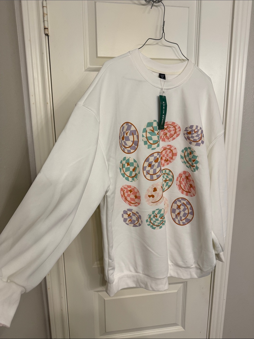 SHEIN White Crewneck Sweater with Multicolor Pastel Checker Discs